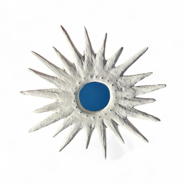 White Handmade Plaster Sunburst Mirror With Turqoise Embellishments by Mb Maison For Sale - Image 8 of 10