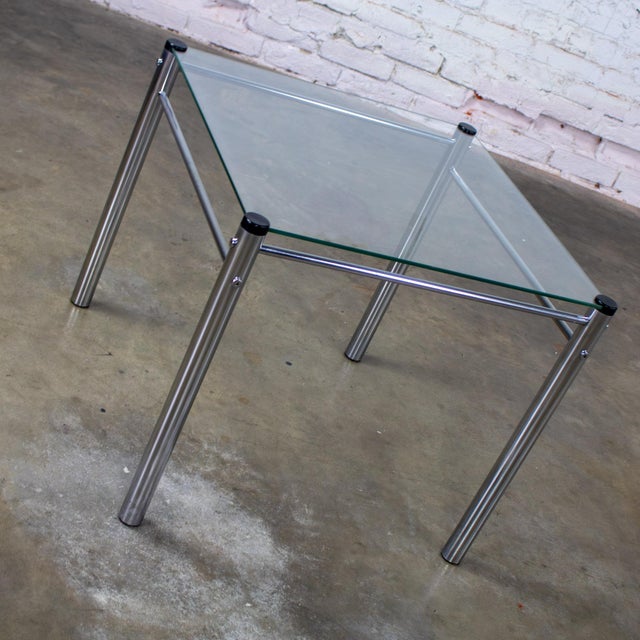 1970’s Modern Square End or Side Table by James David Cylindrical Chrome Tube Frame & Glass Top For Sale - Image 9 of 18