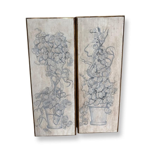 Vintage Italian Hand Paintings on Wood Panels With Pots Leaves and Birds - A Pair For Sale In West Palm - Image 6 of 11