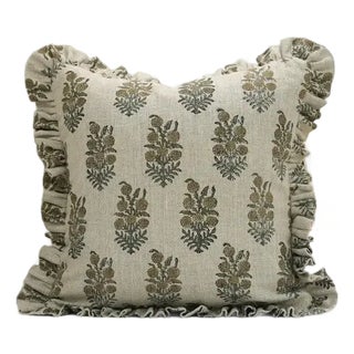 Fabdivine Handcrafted Block Print Frill Cushion Cover Gray 14x20 Inch Thick Linen- Hajara For Sale