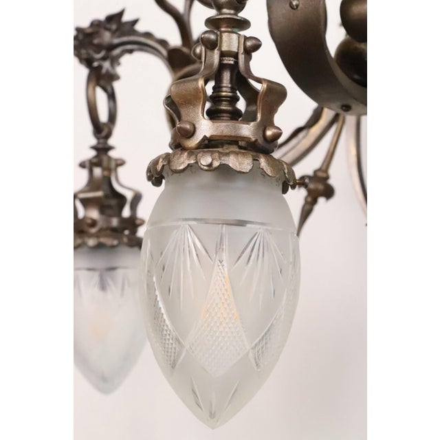 Bronze Early 20th Century Cast Bronze Highly Ornate Chandelier With Original Etched Glass Down Shades For Sale - Image 8 of 16