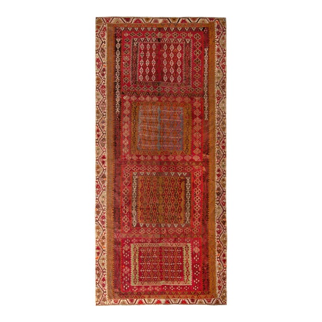 1950s Vintage Kayseri Kilim Rug in Red and Brown Geometric Pattern For Sale