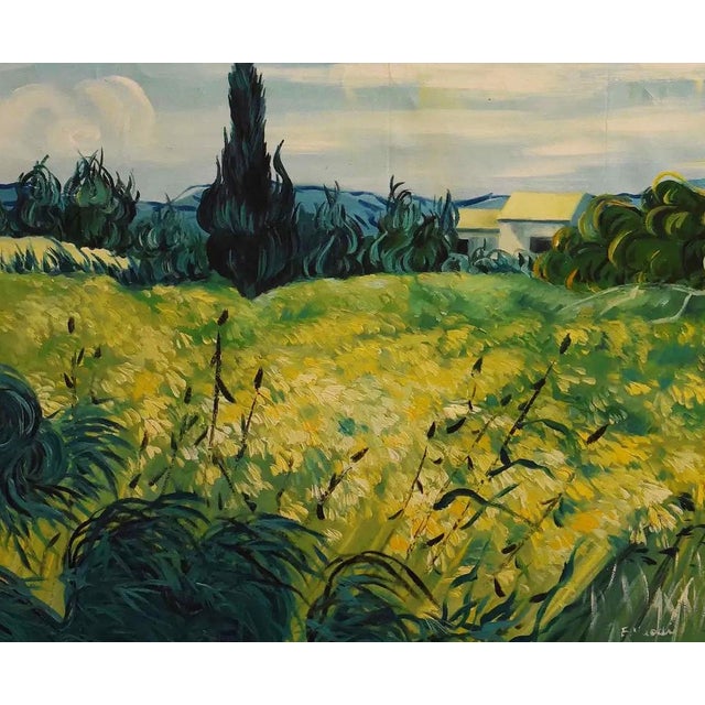 F. Vidal, Cypress and Wheat Field Landscape. Oil on canvas depicting a sunlit rural landscape with a broad yellow-green...