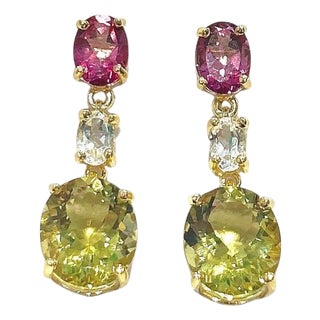 Bochic "Orient" Vintage Lemon Quartz & Rhodorite Earrings Set 18K Gold & Silver For Sale