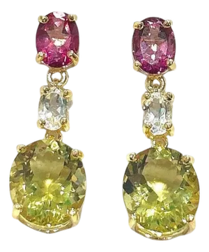 Bochic "Orient" Vintage Lemon Quartz & Rhodorite Earrings Set 18K Gold & Silver