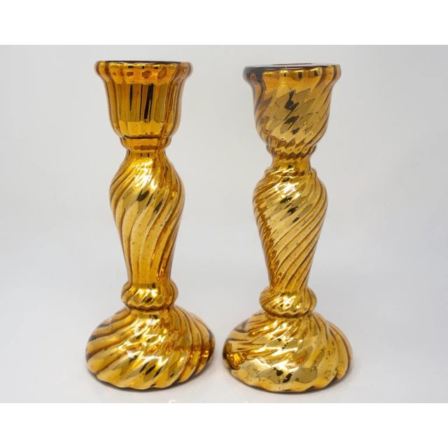 Art Deco 19th Century Gold Fluted Mercury Glass Candlesticks - Pair For Sale - Image 3 of 9