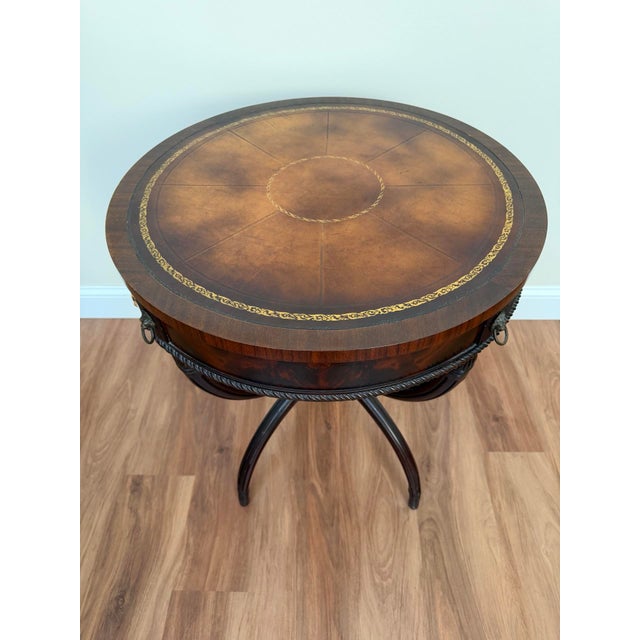 Traditional Mid-Century Regency Mahogany Drum Table With Lion Head Pulls For Sale - Image 3 of 16