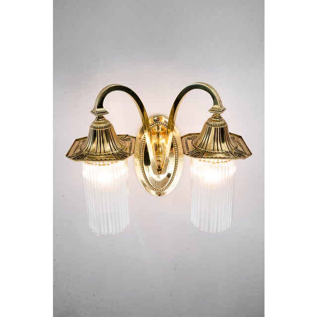 Art Deco Double Light Brass Wall Lamps with Glass Sticks, Vienna, Austria, 1920s, Set of 2 For Sale - Image 12 of 18