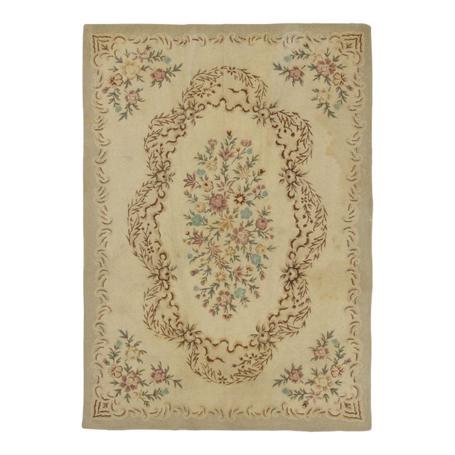 Oversized Antique Hooked Rug in Gold With Chinese Floral Designs - Rug & Kilim For Sale