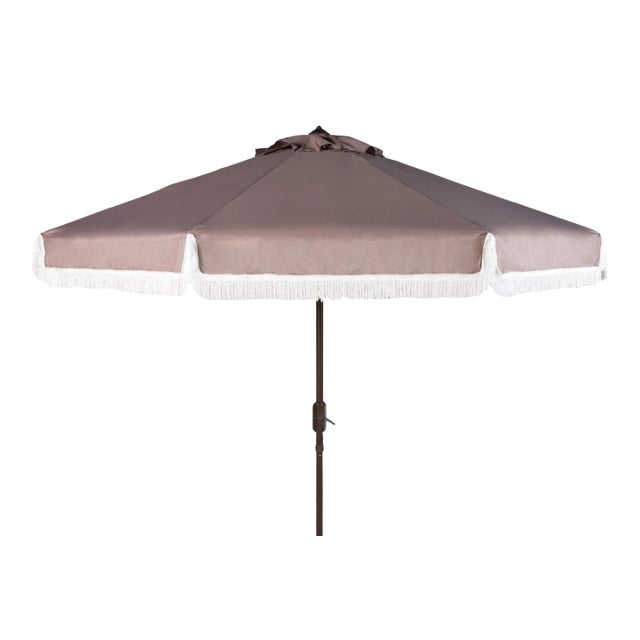 Fringe 9 Ft Crank Outdoor Push Button Tilt Umbrella in Grey & White For Sale