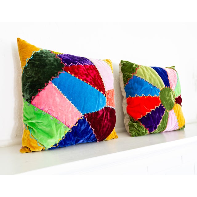 Velvet Crazy Quilt Multi Colored Patchwork Accent Pillows | Pair of Two For Sale - Image 11 of 12