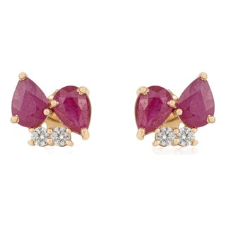 2.9ctw Pear Mozambique Ruby & Diamond Cluster Stud Earrings in 14k Gold- 2 Pieces For Sale