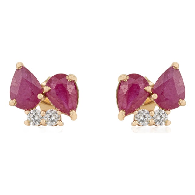 2.9ctw Pear Mozambique Ruby & Diamond Cluster Stud Earrings in 14k Gold- 2 Pieces For Sale