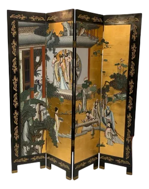 Oriental Gilt Lacquer Screen with Courtesan Scene
