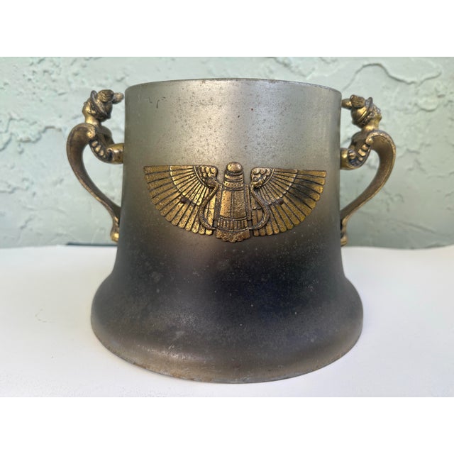 Egyptian Revival Style Winged Lyre Metal Cachepot or Jardinière Cover With Figural Handles, C. 1920s For Sale - Image 4 of 12