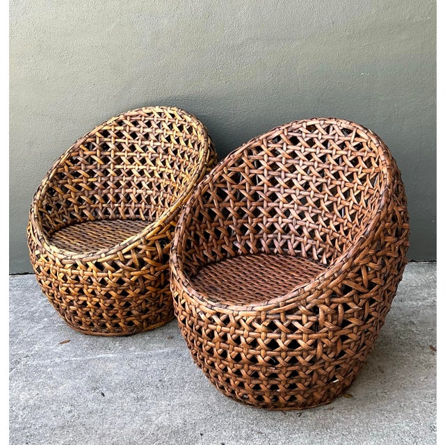 Vintage Woven Rattan Lounge Chairs - Pair For Sale - Image 10 of 12