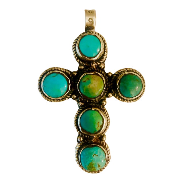 1930s Navajo Cerillos Turquoise And Silver Old Pawn Cross Pendant