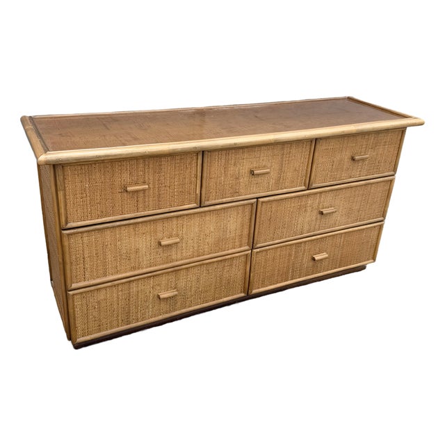 Vintage Boho Chic Rattan and Wicker Dresser - 7 Drawers For Sale