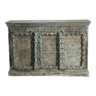 1920s Antique Carved Storage Sideboard Chest Distressed Blue Wood Credenza For Sale