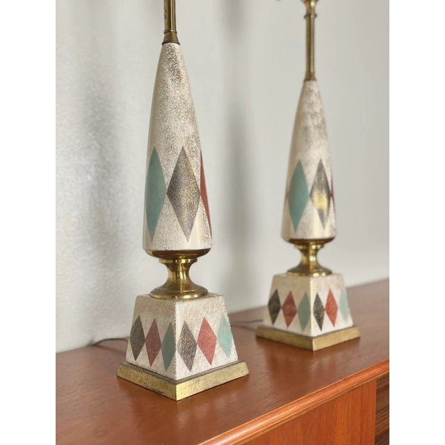 1950s A Pair 1950s Harlequin Torch Table Lamps With Original Glass Domes | Porcelain + Brass For Sale - Image 5 of 12