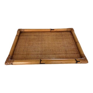 Vintage Large Woven Rattan Bamboo Tray For Sale