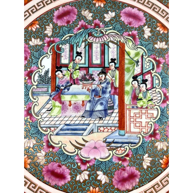 Mid 20th Century Fine Chinese Porcelain Gilt Charger With Figural Scene & Pink and Orange Flowers For Sale - Image 5 of 10
