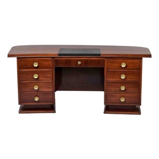 French Art Deco Mahogany Executive Desk With Inset Leather Writing Surface, Circa 1930s For Sale