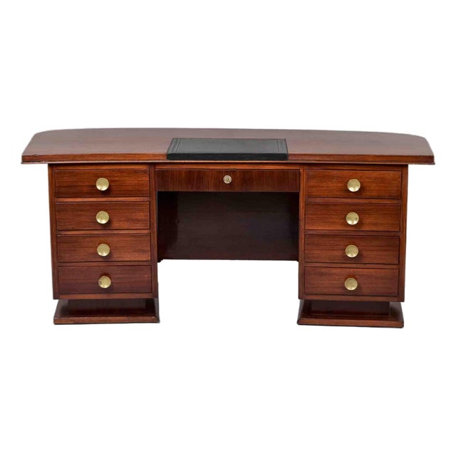 French Art Deco Mahogany Executive Desk With Inset Leather Writing Surface, Circa 1930s For Sale
