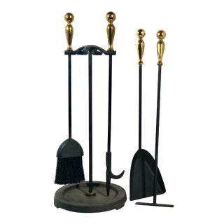 Pilgrim Fireplace Tool Set / Brass Handles Set - 5 Pieces For Sale