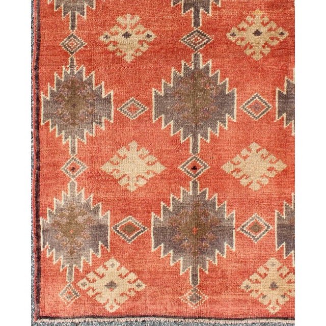 Turkish Turkish Vintage Tulu Rug With Geometric Medallions in Orange, Butter, Gray and Brown For Sale - Image 3 of 7