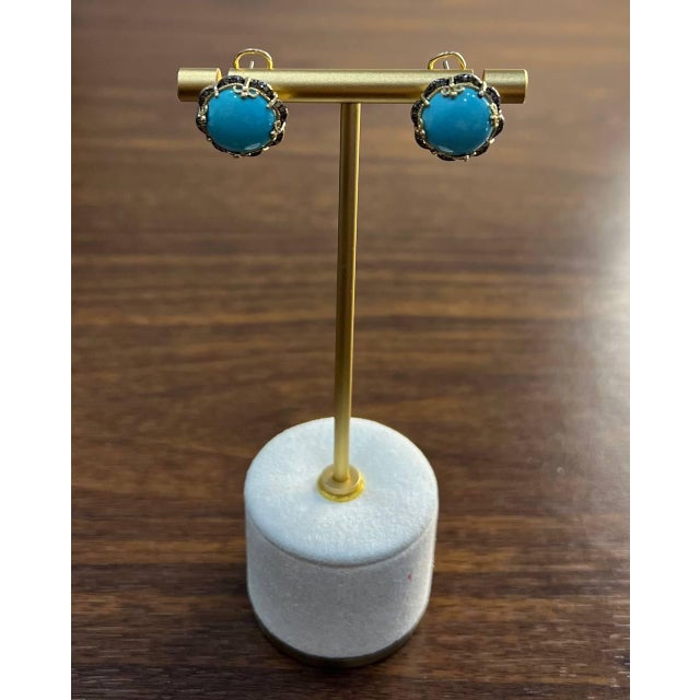 Metal Blue Teal Turquoise Diamonds Halo Floral 14k Yellow Gold Statement Earrings - Set of 2 For Sale - Image 7 of 12