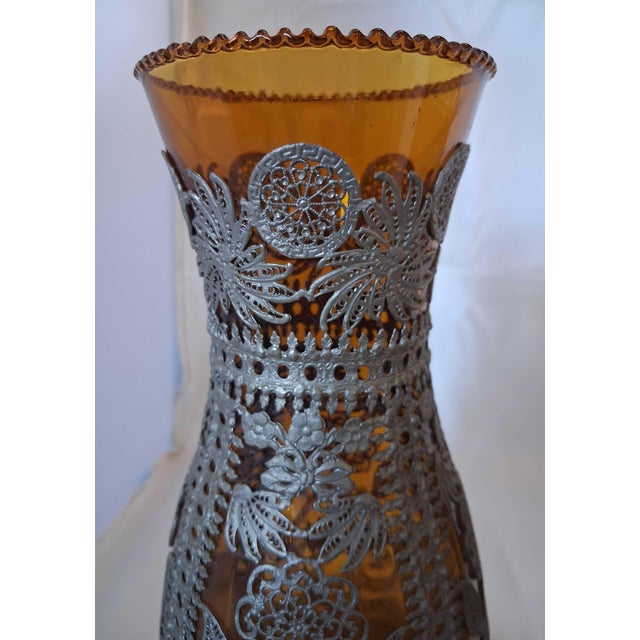 Metal Pair of Antique Bohemian Amber Glass Vases With Elaborate Silver-Plated Filigree & Imperial Double-Headed Eagle Mounts (C. 1900) For Sale - Image 7 of 12