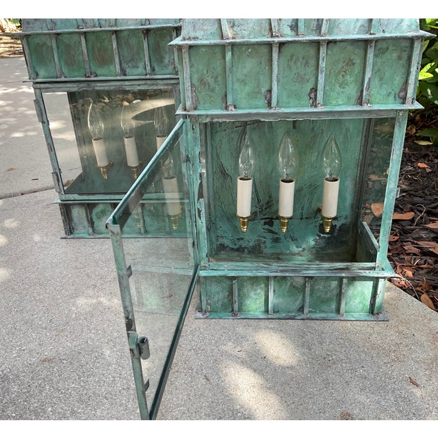 Pair of Monumental Art Deco Style Verdigris Copper & Brass Wall Lanterns For Sale - Image 11 of 16