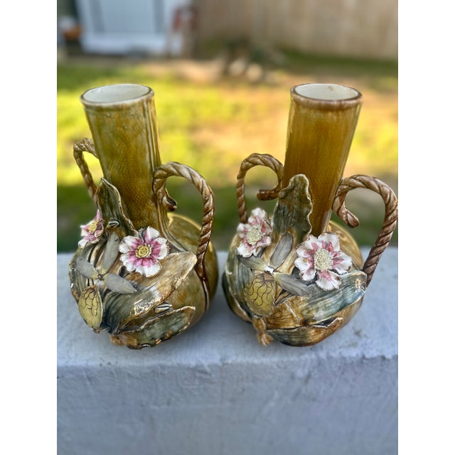 Pair of Antique French Art Nouveau Barbotine Majolica Vases With Applied Flowers For Sale - Image 11 of 12