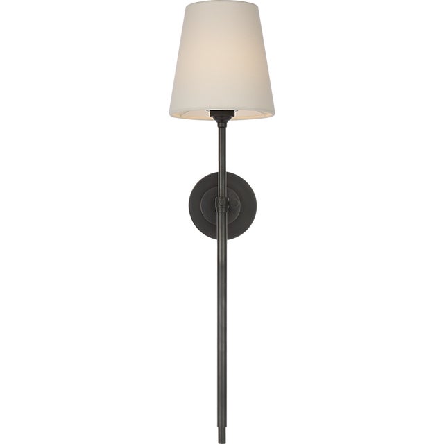 Metal Thomas O'Brien for Visual Comfort Signature Bryant 27" Cordless Tail Sconce in Bronze with Linen Shade For Sale - Image 7 of 13