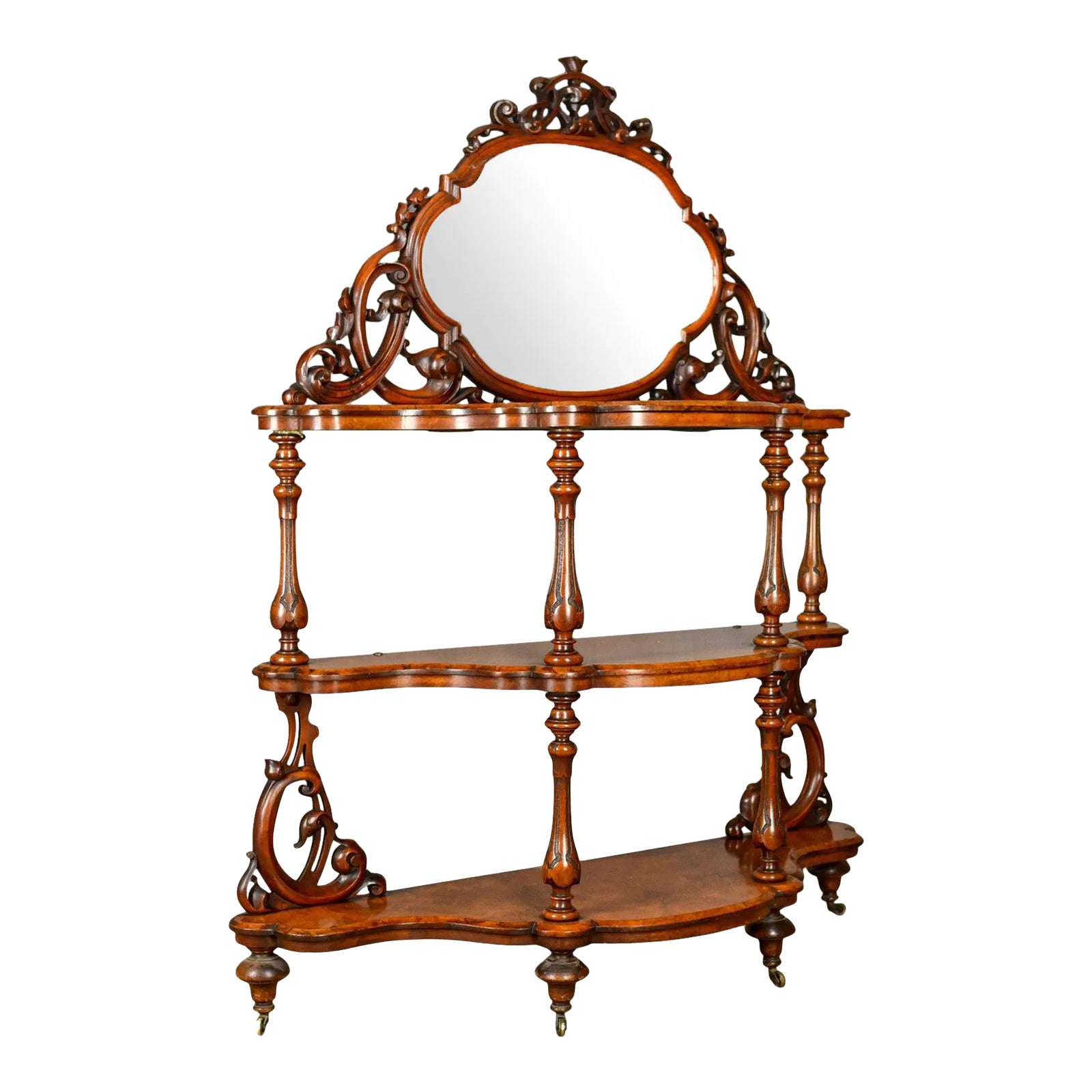 1840s Robert Strahan & Co Burr Walnut Whatnot Irish Mirror Stand | Chairish