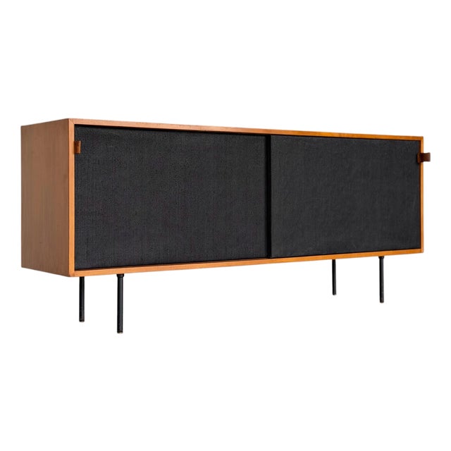 1950s Early Florence Knoll Model 116 Maple Credenza - Black Grasscloth Sliding Doors For Sale