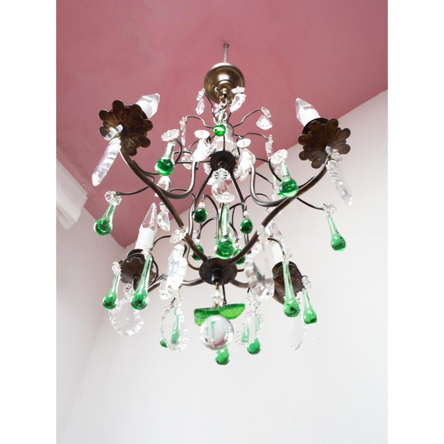 French Chandelier in Brass with Green Crystals, 1920s For Sale - Image 4 of 10