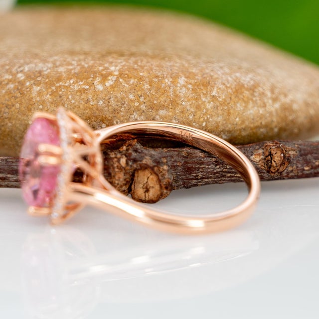 2.9cts Pink Tourmaline Ring With Natural Diamonds Halo: Solid 14k Rose Gold For Sale - Image 9 of 9