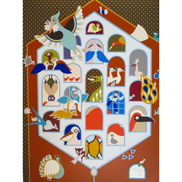 Folk Art David Sharir, Israeli Naive Folk Art Birdhouse Silkscreen Lithograph David Sharir Birds For Sale - Image 3 of 10
