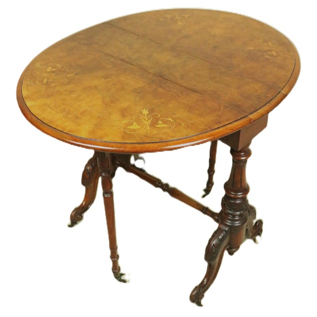 English Victorian Period Burl and Satinwood Inlaid Sutherland Drop Leaf Table For Sale - Image 9 of 12
