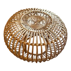 1960s Mid Century Franco Albini Style Hand Woven Round Rattan Wicker Ottoman Footstool