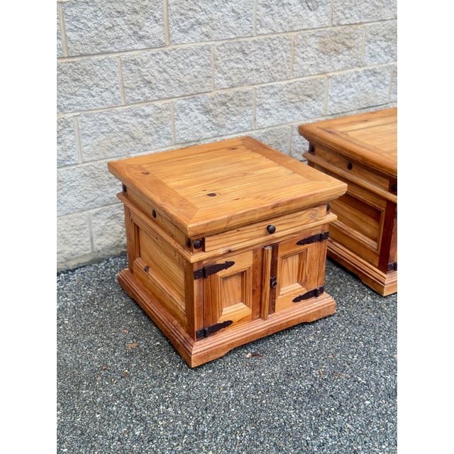 Tan Pair of Rustic Pine Nightstands With Wrought Iron Hardware For Sale - Image 8 of 10