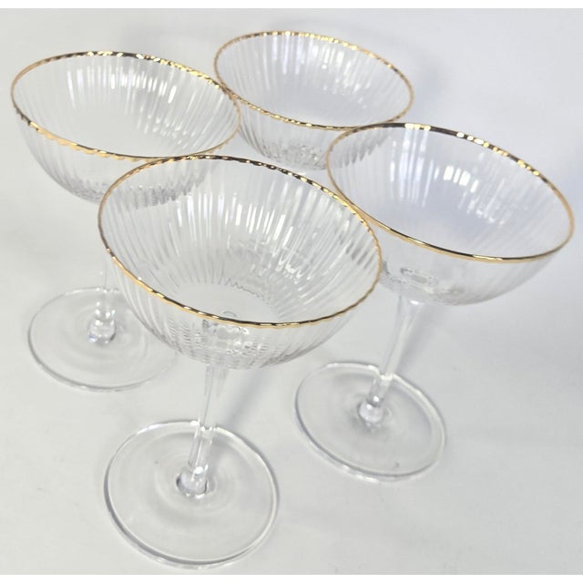 Mid 20th Century Gold Rimmed Ridged Hollywood Regency Champagne Coupes- Set of Four For Sale - Image 6 of 12