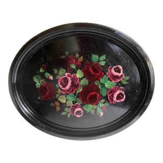 Antique Tole Metal Hand-Painted Rose Tray For Sale