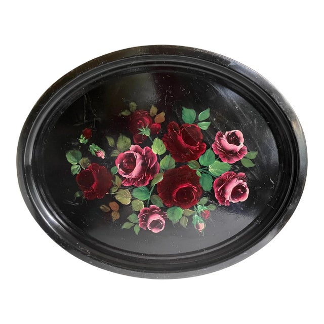 Antique Tole Metal Hand-Painted Rose Tray For Sale