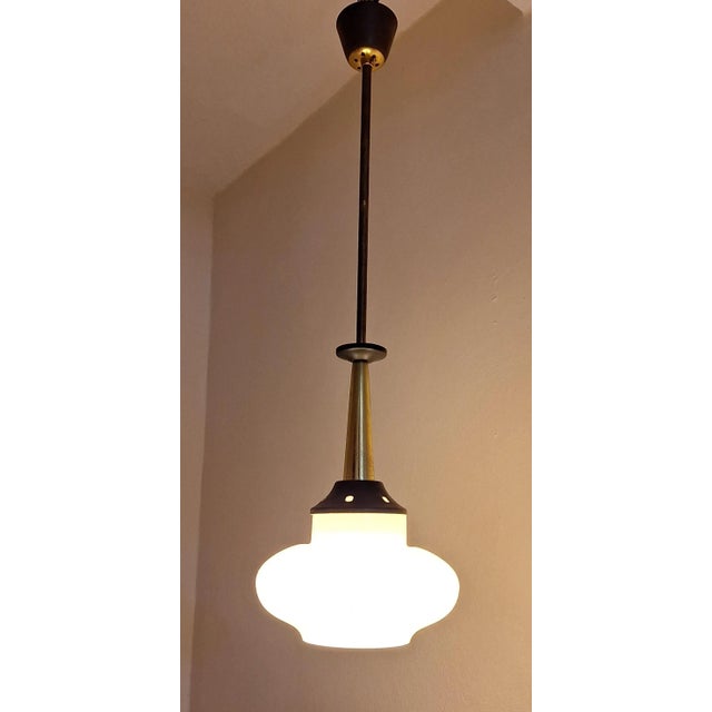 1960s Mid-Century Brass and Black Lacquered Metal Ceiling Lamp with White Opaque Glass Shade, 1960s For Sale - Image 5 of 8