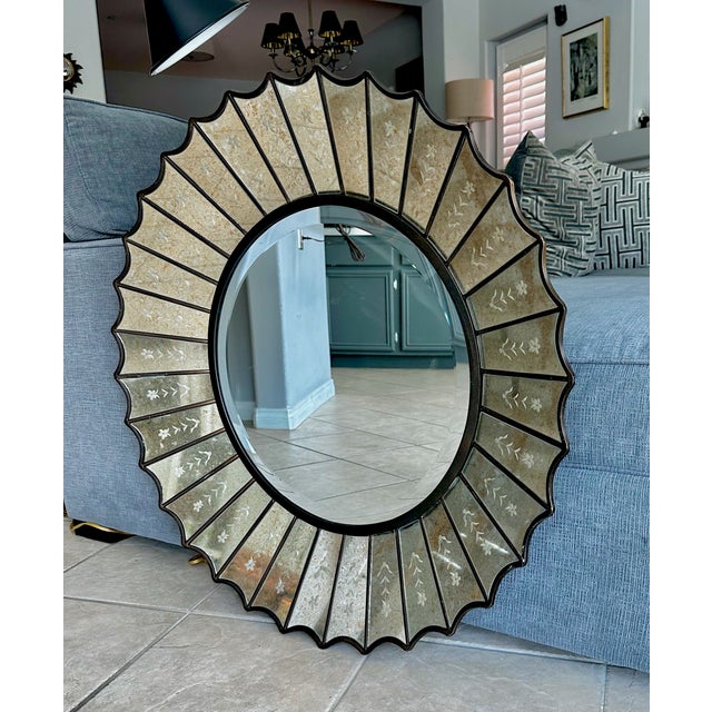 1990s Uttermost Round Sunburst Venetian Style Etched Glass Wall Mirror For Sale - Image 5 of 17