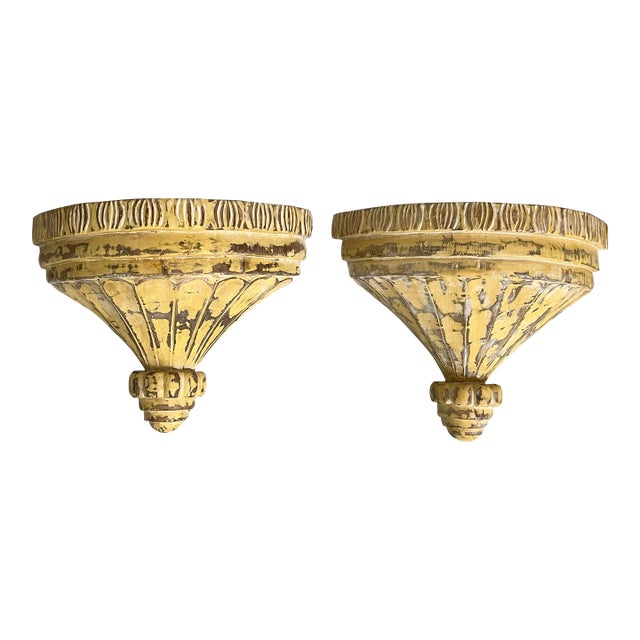 Pair of Foreside Gustavian Style Yellow Painted Carved Wood Wall Brackets For Sale