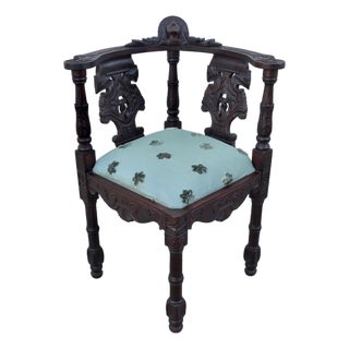 Carved Mahogany Corner Chair Vintage Renaissance Style Figural Face Upholstered For Sale